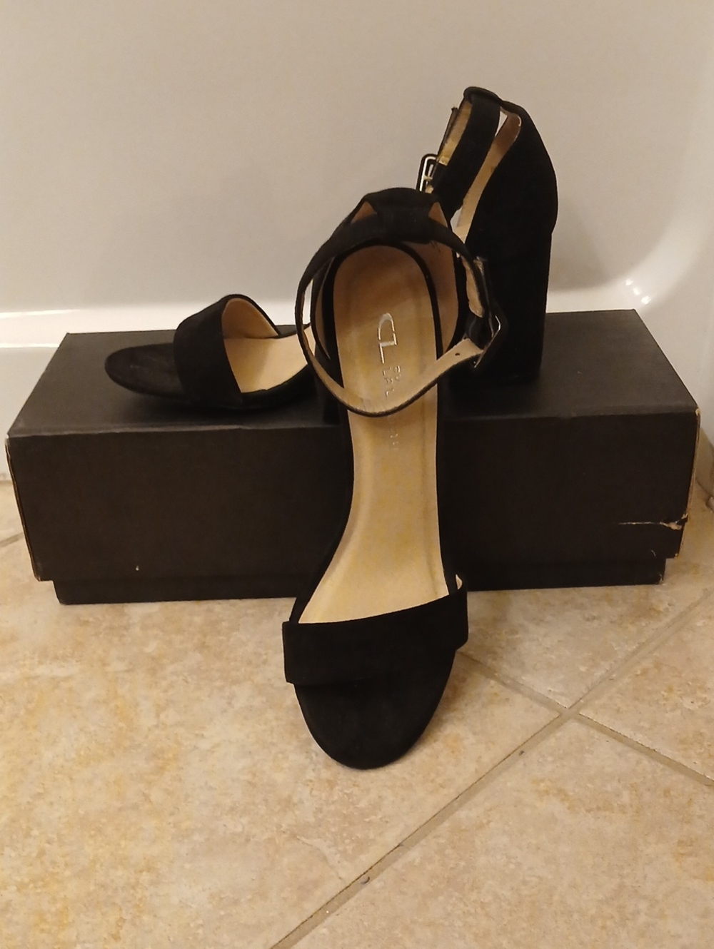 CL by Chinese Laundry Black Suede Ankle-Strap Block Heels